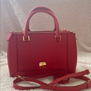 Mcm small Red/orange Satchel with Gold Hardware 2 way bag